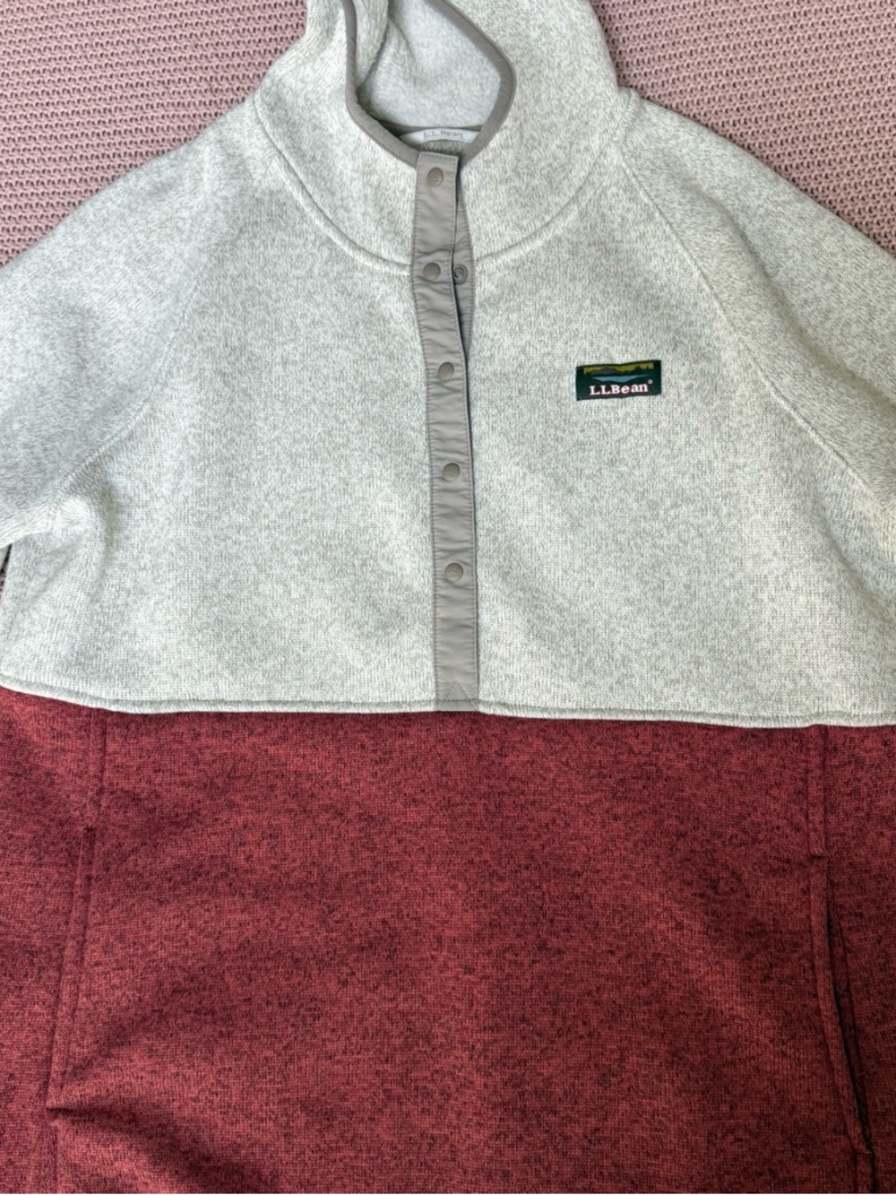 L.L. Bean Hooded Snap Pullover - Light Gray & Taupe Trim